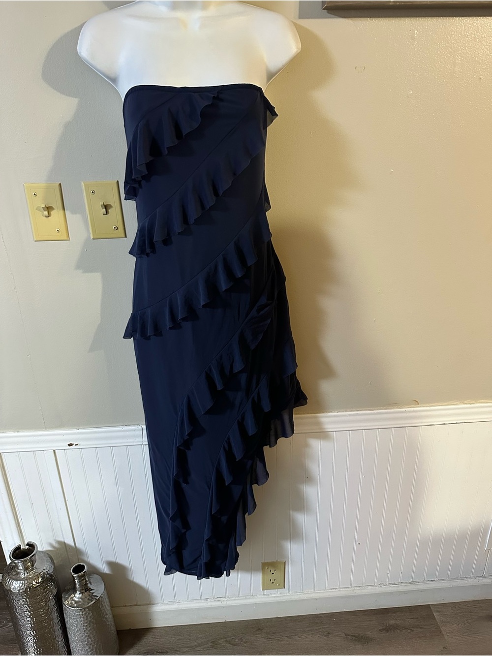 Strapless Navy Ruffle Midi Dress - Picture 2 of 7